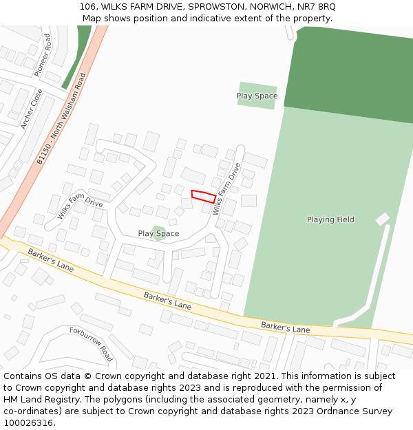 106, WILKS FARM DRIVE, SPROWSTON, NORWICH, NR7 8RQ: Location map and indicative extent of plot