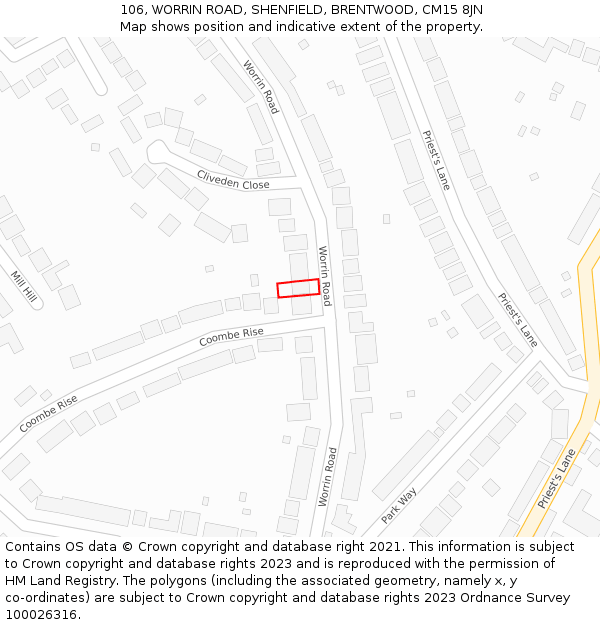 106, WORRIN ROAD, SHENFIELD, BRENTWOOD, CM15 8JN: Location map and indicative extent of plot