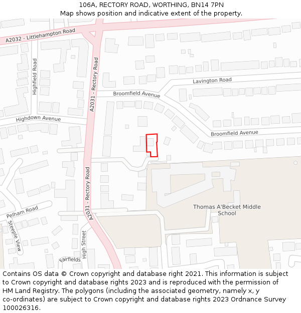 106A, RECTORY ROAD, WORTHING, BN14 7PN: Location map and indicative extent of plot