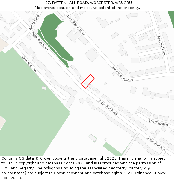 107, BATTENHALL ROAD, WORCESTER, WR5 2BU: Location map and indicative extent of plot