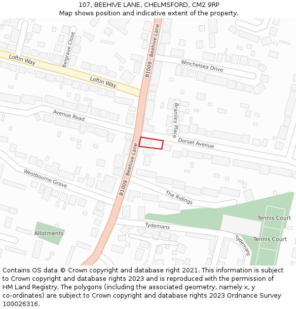 107, BEEHIVE LANE, CHELMSFORD, CM2 9RP: Location map and indicative extent of plot