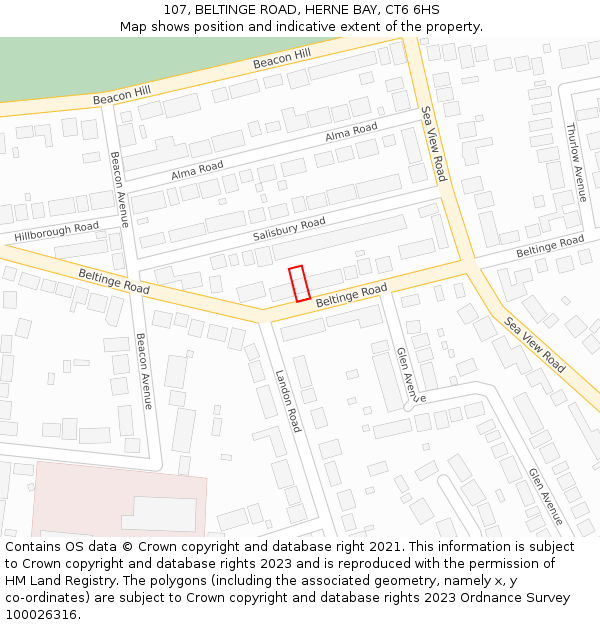 107, BELTINGE ROAD, HERNE BAY, CT6 6HS: Location map and indicative extent of plot