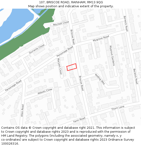 107, BRISCOE ROAD, RAINHAM, RM13 9QG: Location map and indicative extent of plot