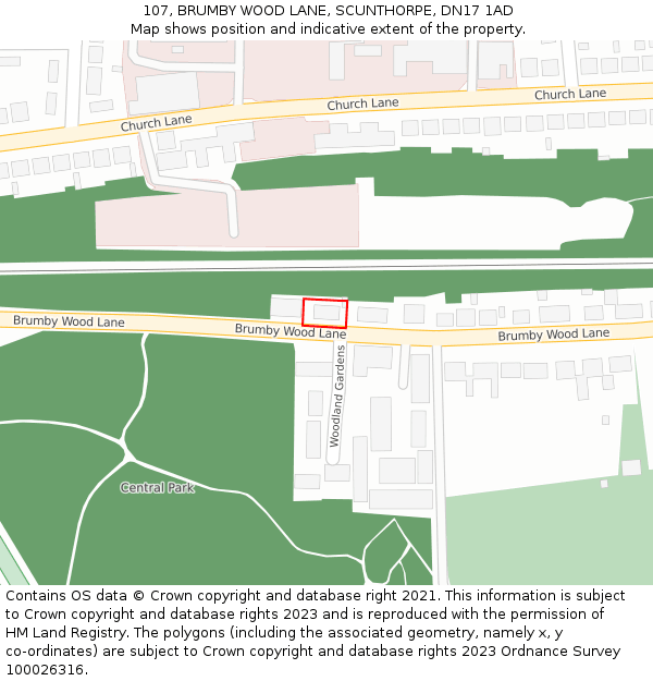 107, BRUMBY WOOD LANE, SCUNTHORPE, DN17 1AD: Location map and indicative extent of plot