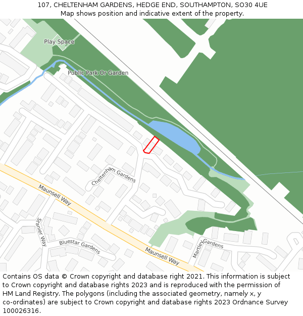 107, CHELTENHAM GARDENS, HEDGE END, SOUTHAMPTON, SO30 4UE: Location map and indicative extent of plot