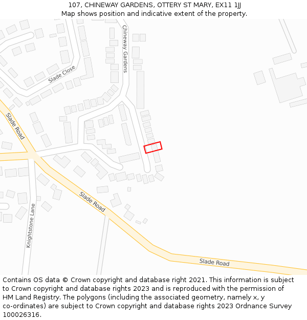 107, CHINEWAY GARDENS, OTTERY ST MARY, EX11 1JJ: Location map and indicative extent of plot