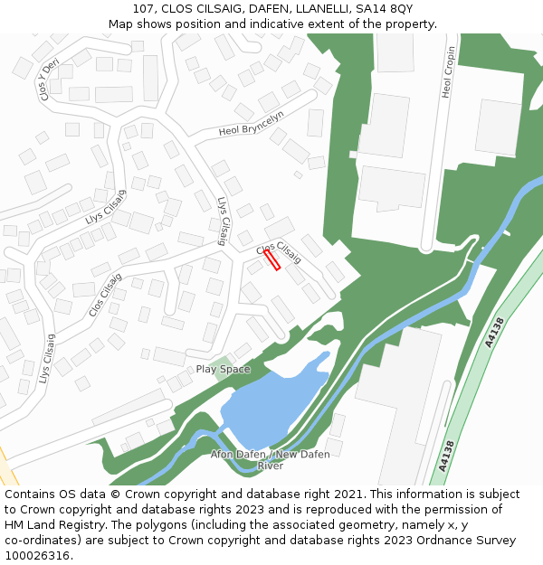 107, CLOS CILSAIG, DAFEN, LLANELLI, SA14 8QY: Location map and indicative extent of plot