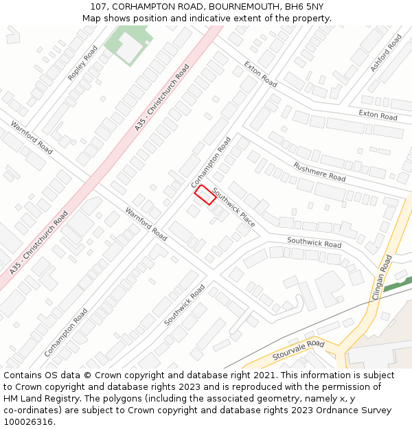 107, CORHAMPTON ROAD, BOURNEMOUTH, BH6 5NY: Location map and indicative extent of plot