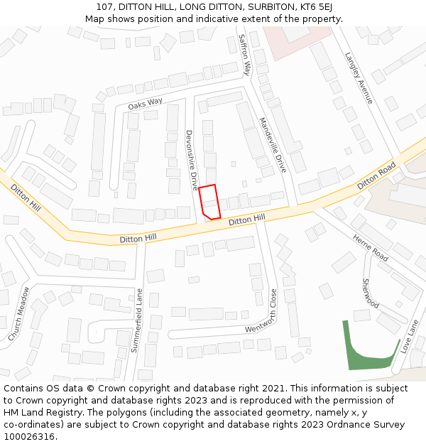 107, DITTON HILL, LONG DITTON, SURBITON, KT6 5EJ: Location map and indicative extent of plot