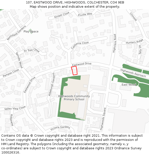 107, EASTWOOD DRIVE, HIGHWOODS, COLCHESTER, CO4 9EB: Location map and indicative extent of plot
