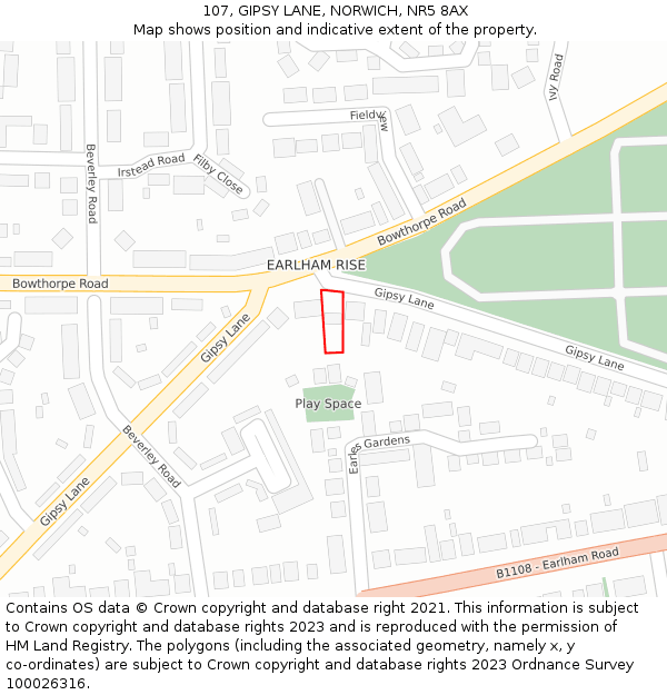 107, GIPSY LANE, NORWICH, NR5 8AX: Location map and indicative extent of plot