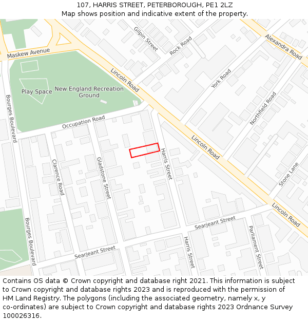 107, HARRIS STREET, PETERBOROUGH, PE1 2LZ: Location map and indicative extent of plot