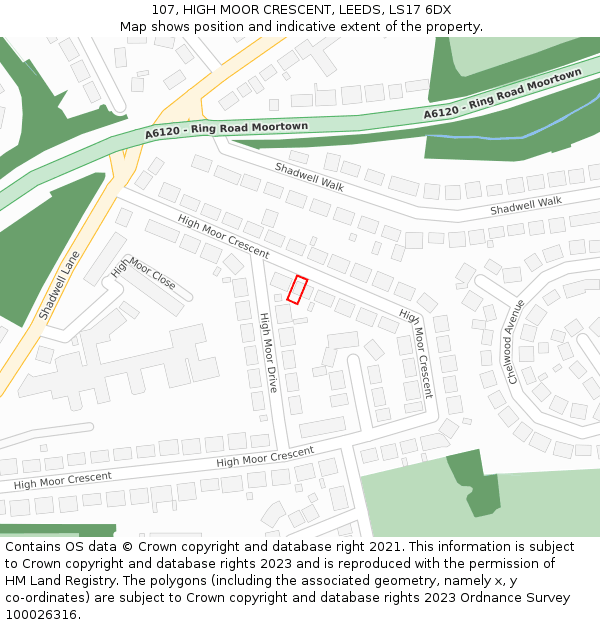 107, HIGH MOOR CRESCENT, LEEDS, LS17 6DX: Location map and indicative extent of plot