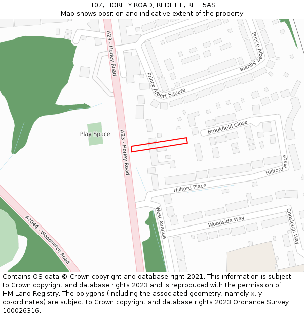 107, HORLEY ROAD, REDHILL, RH1 5AS: Location map and indicative extent of plot