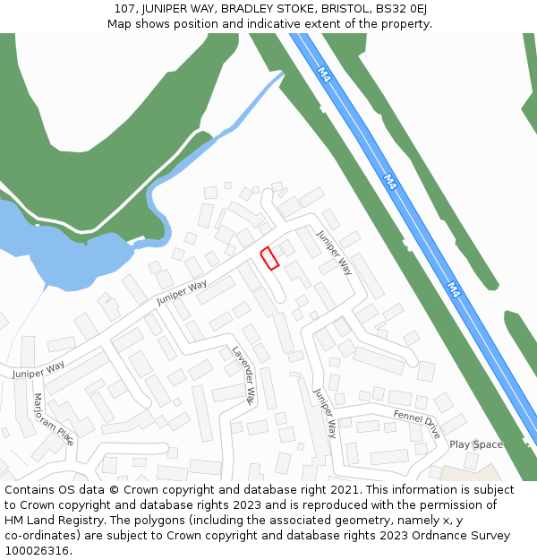 107, JUNIPER WAY, BRADLEY STOKE, BRISTOL, BS32 0EJ: Location map and indicative extent of plot