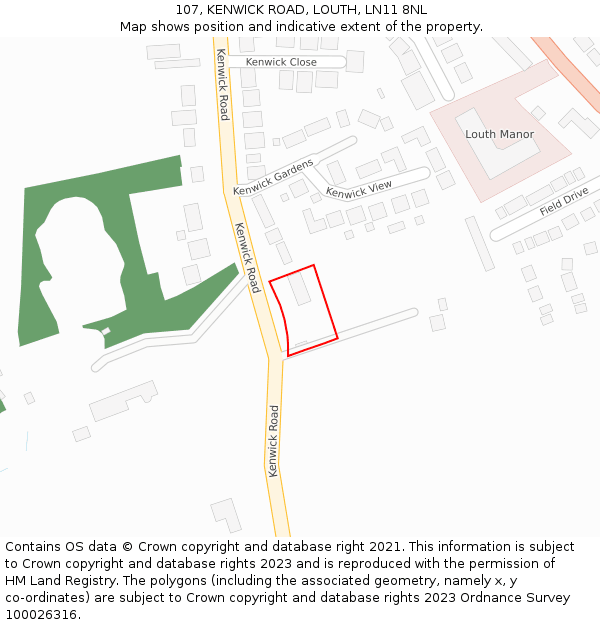 107, KENWICK ROAD, LOUTH, LN11 8NL: Location map and indicative extent of plot