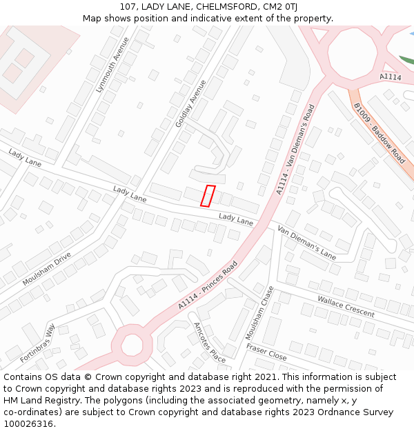 107, LADY LANE, CHELMSFORD, CM2 0TJ: Location map and indicative extent of plot