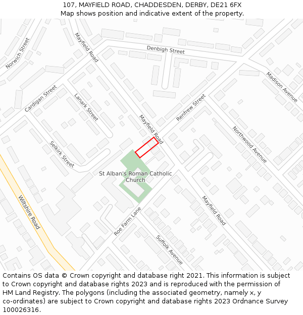 107, MAYFIELD ROAD, CHADDESDEN, DERBY, DE21 6FX: Location map and indicative extent of plot