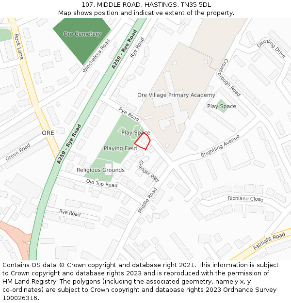 107, MIDDLE ROAD, HASTINGS, TN35 5DL: Location map and indicative extent of plot