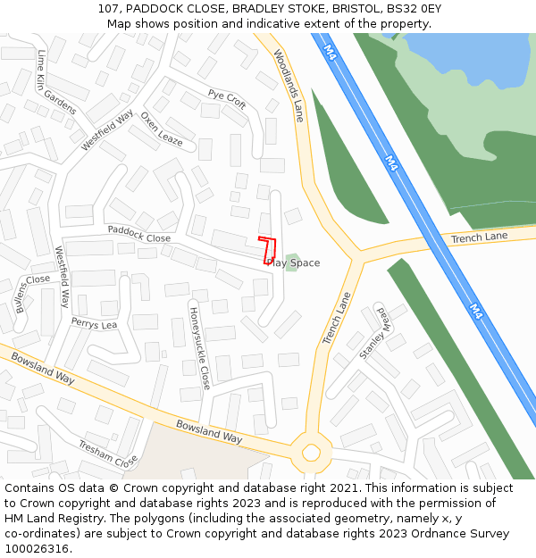 107, PADDOCK CLOSE, BRADLEY STOKE, BRISTOL, BS32 0EY: Location map and indicative extent of plot