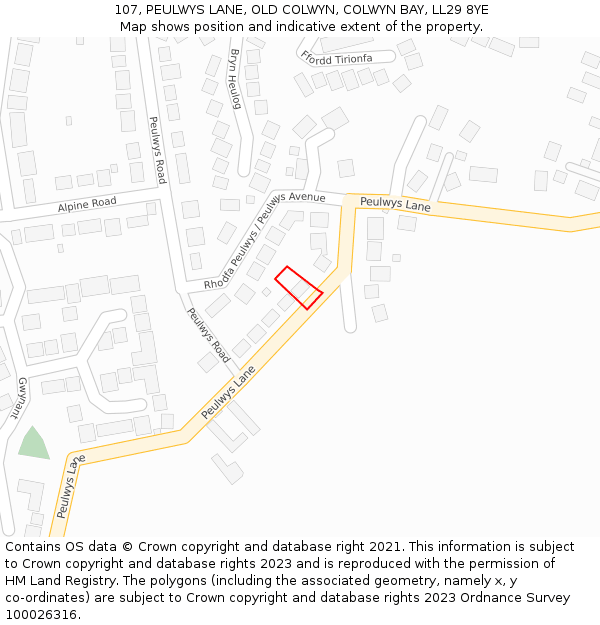 107, PEULWYS LANE, OLD COLWYN, COLWYN BAY, LL29 8YE: Location map and indicative extent of plot