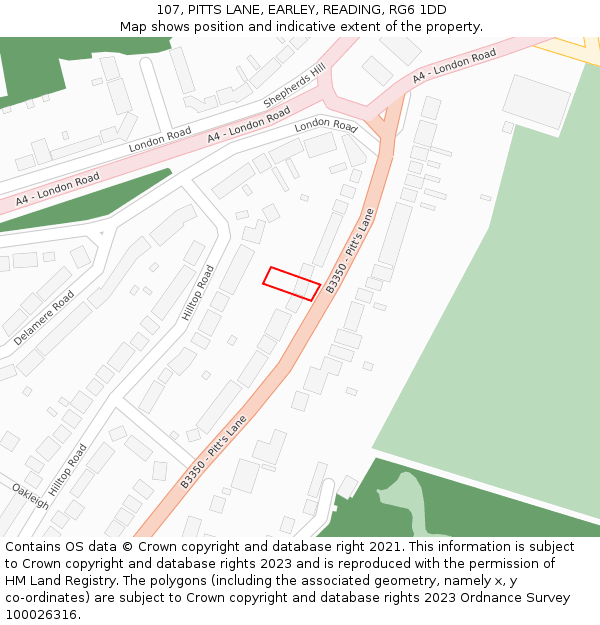 107, PITTS LANE, EARLEY, READING, RG6 1DD: Location map and indicative extent of plot