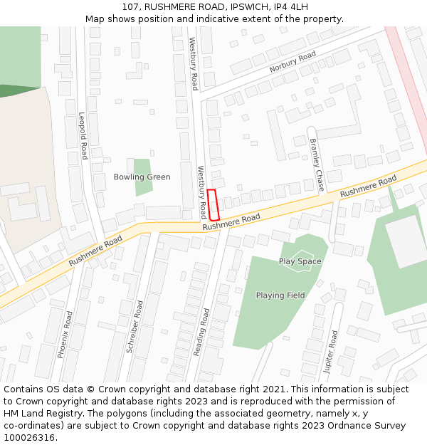 107, RUSHMERE ROAD, IPSWICH, IP4 4LH: Location map and indicative extent of plot