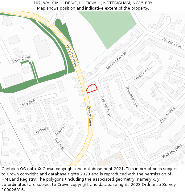 107, WALK MILL DRIVE, HUCKNALL, NOTTINGHAM, NG15 8BY: Location map and indicative extent of plot