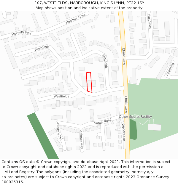 107, WESTFIELDS, NARBOROUGH, KING'S LYNN, PE32 1SY: Location map and indicative extent of plot