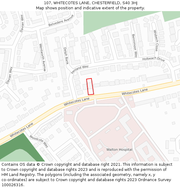 107, WHITECOTES LANE, CHESTERFIELD, S40 3HJ: Location map and indicative extent of plot