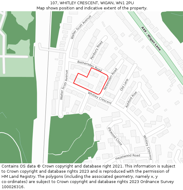 107, WHITLEY CRESCENT, WIGAN, WN1 2PU: Location map and indicative extent of plot