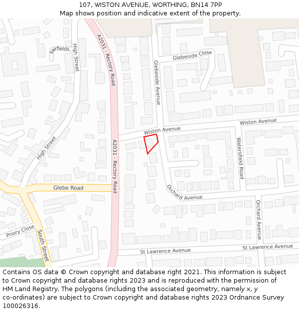 107, WISTON AVENUE, WORTHING, BN14 7PP: Location map and indicative extent of plot