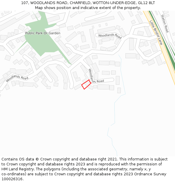 107, WOODLANDS ROAD, CHARFIELD, WOTTON-UNDER-EDGE, GL12 8LT: Location map and indicative extent of plot