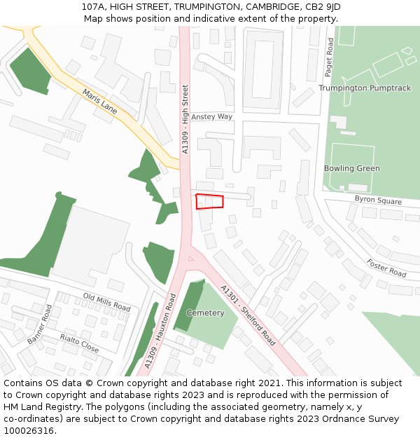 107A, HIGH STREET, TRUMPINGTON, CAMBRIDGE, CB2 9JD: Location map and indicative extent of plot