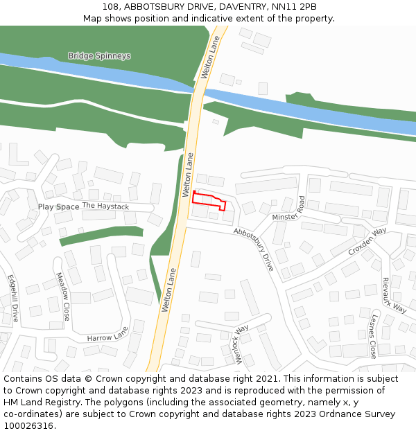 108, ABBOTSBURY DRIVE, DAVENTRY, NN11 2PB: Location map and indicative extent of plot