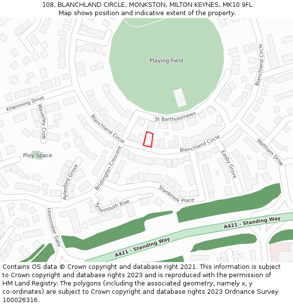 108, BLANCHLAND CIRCLE, MONKSTON, MILTON KEYNES, MK10 9FL: Location map and indicative extent of plot