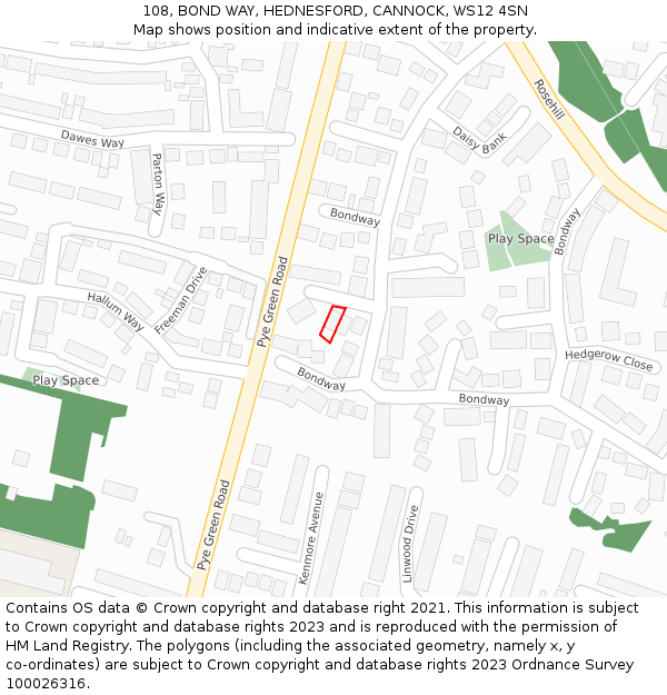 108, BOND WAY, HEDNESFORD, CANNOCK, WS12 4SN: Location map and indicative extent of plot