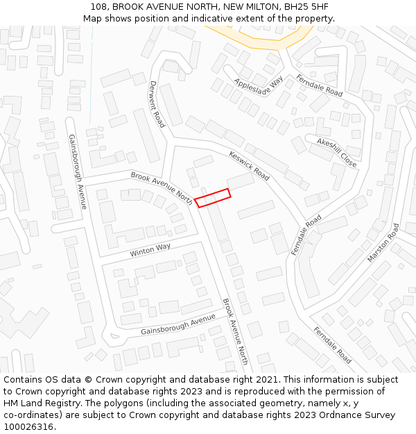 108, BROOK AVENUE NORTH, NEW MILTON, BH25 5HF: Location map and indicative extent of plot