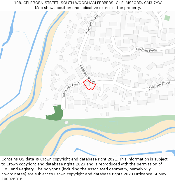 108, CELEBORN STREET, SOUTH WOODHAM FERRERS, CHELMSFORD, CM3 7AW: Location map and indicative extent of plot