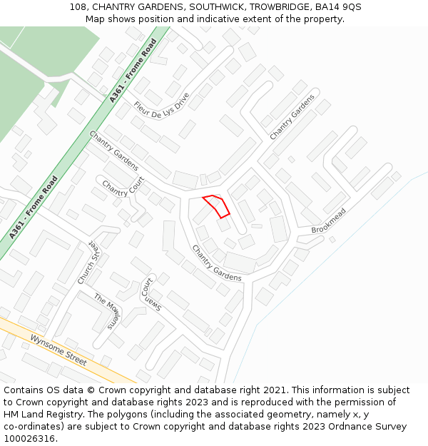 108, CHANTRY GARDENS, SOUTHWICK, TROWBRIDGE, BA14 9QS: Location map and indicative extent of plot