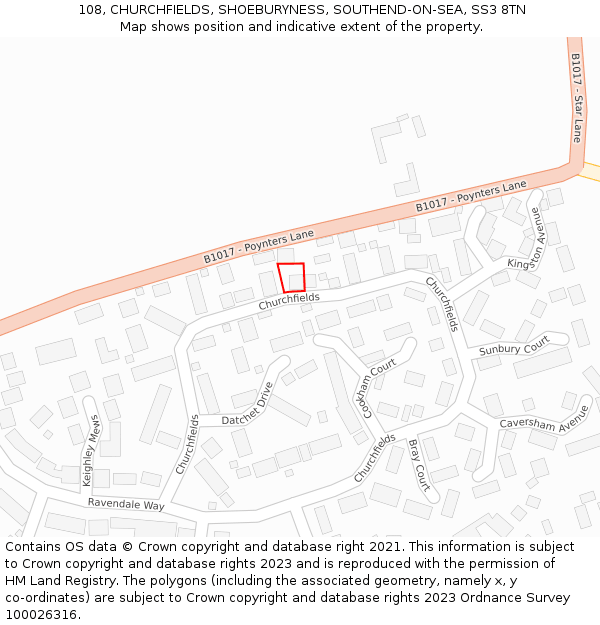 108, CHURCHFIELDS, SHOEBURYNESS, SOUTHEND-ON-SEA, SS3 8TN: Location map and indicative extent of plot