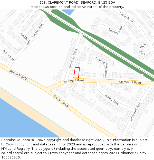108, CLAREMONT ROAD, SEAFORD, BN25 2QA: Location map and indicative extent of plot