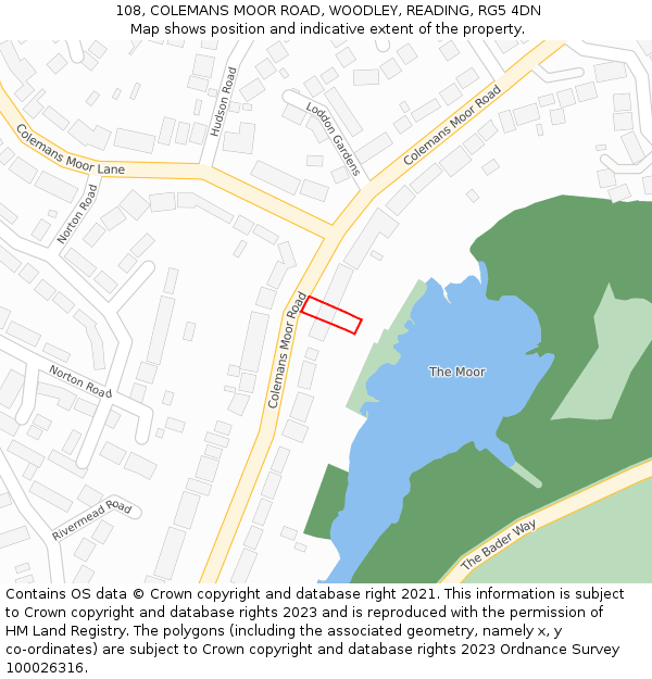 108, COLEMANS MOOR ROAD, WOODLEY, READING, RG5 4DN: Location map and indicative extent of plot