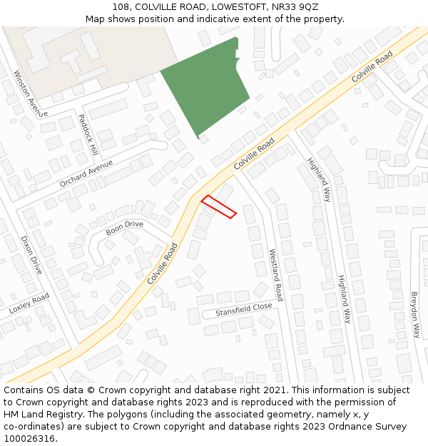 108, COLVILLE ROAD, LOWESTOFT, NR33 9QZ: Location map and indicative extent of plot