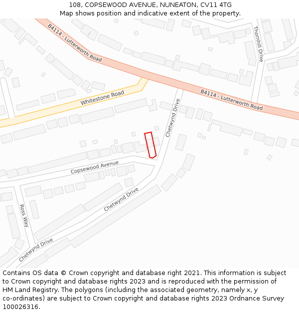 108, COPSEWOOD AVENUE, NUNEATON, CV11 4TG: Location map and indicative extent of plot