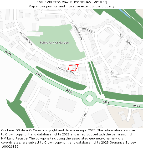 108, EMBLETON WAY, BUCKINGHAM, MK18 1FJ: Location map and indicative extent of plot