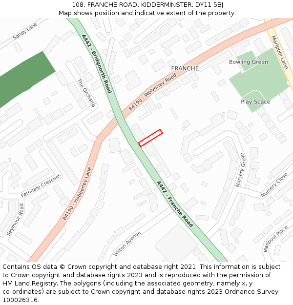108, FRANCHE ROAD, KIDDERMINSTER, DY11 5BJ: Location map and indicative extent of plot