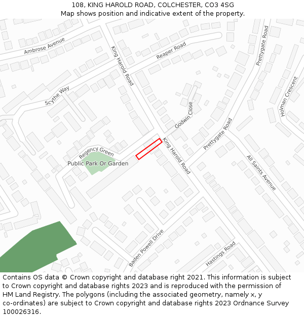 108, KING HAROLD ROAD, COLCHESTER, CO3 4SG: Location map and indicative extent of plot