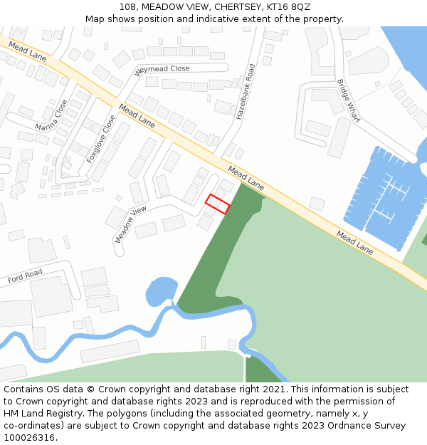 108, MEADOW VIEW, CHERTSEY, KT16 8QZ: Location map and indicative extent of plot