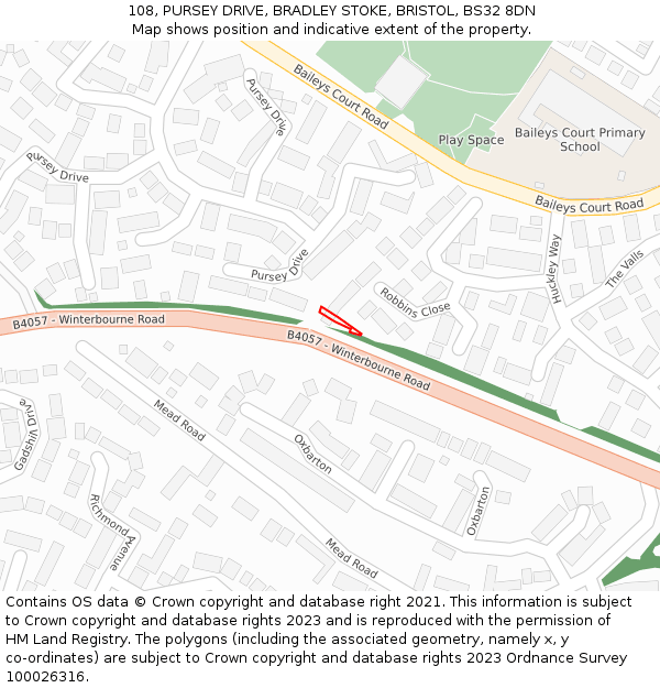 108, PURSEY DRIVE, BRADLEY STOKE, BRISTOL, BS32 8DN: Location map and indicative extent of plot